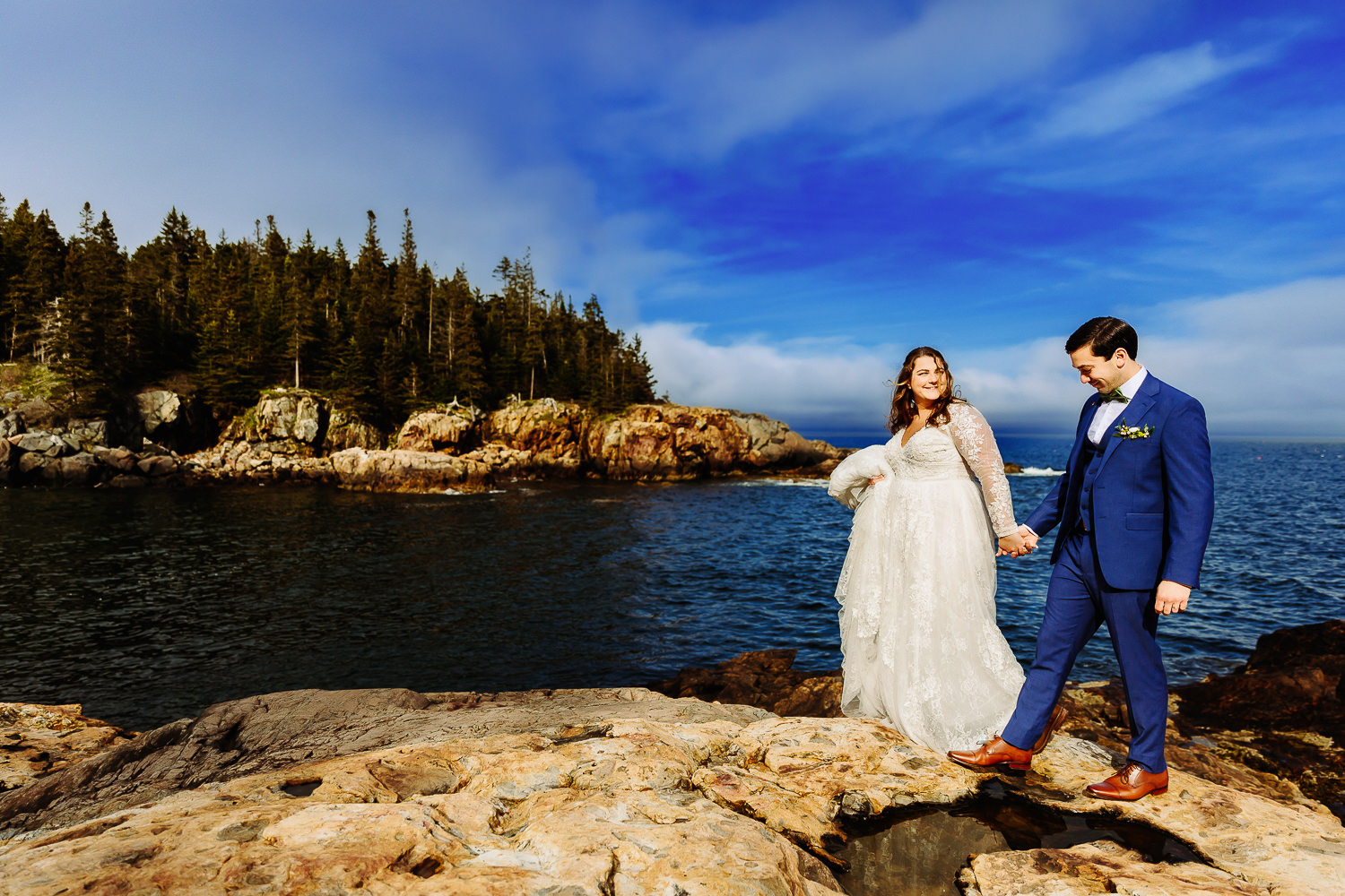 bride and groom at spring Acadia wedding