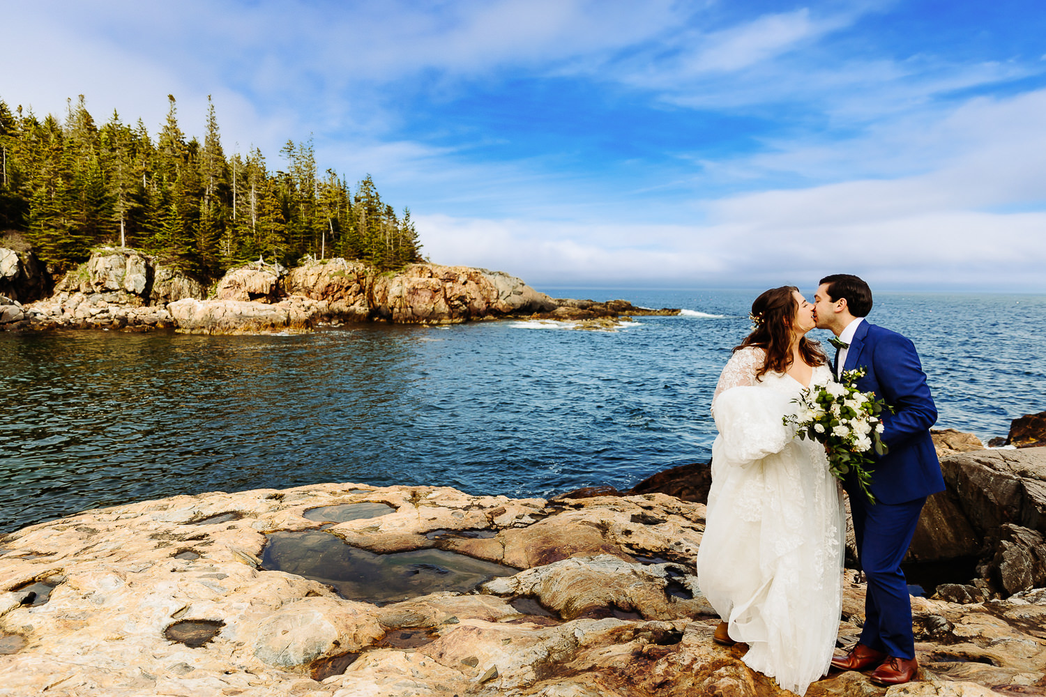bride and groom at spring Acadia wedding at Little Hunters Beach