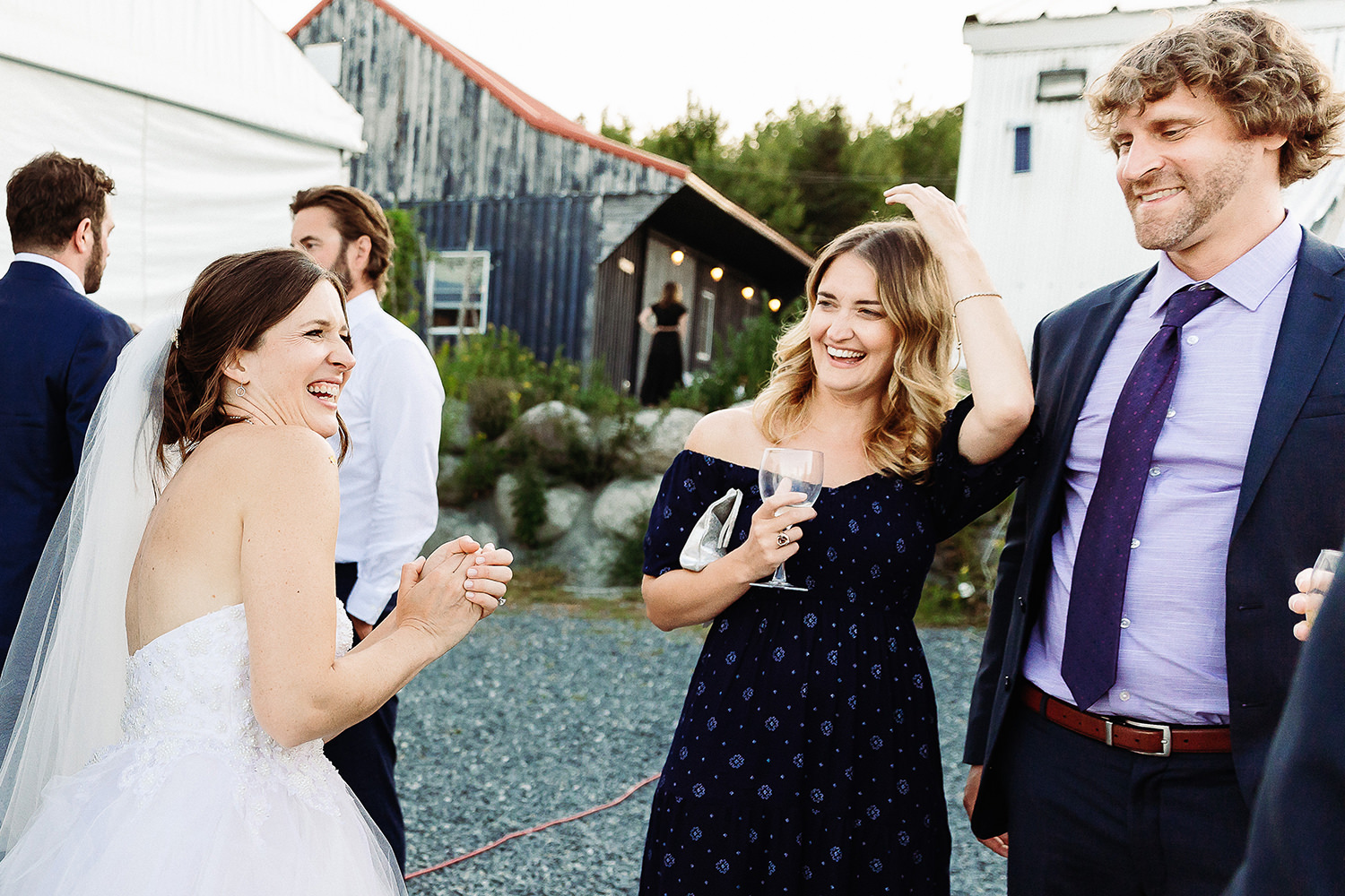 bride and wedding guests at Sweet Pea's Farm wedding in Bar Harbor Maine