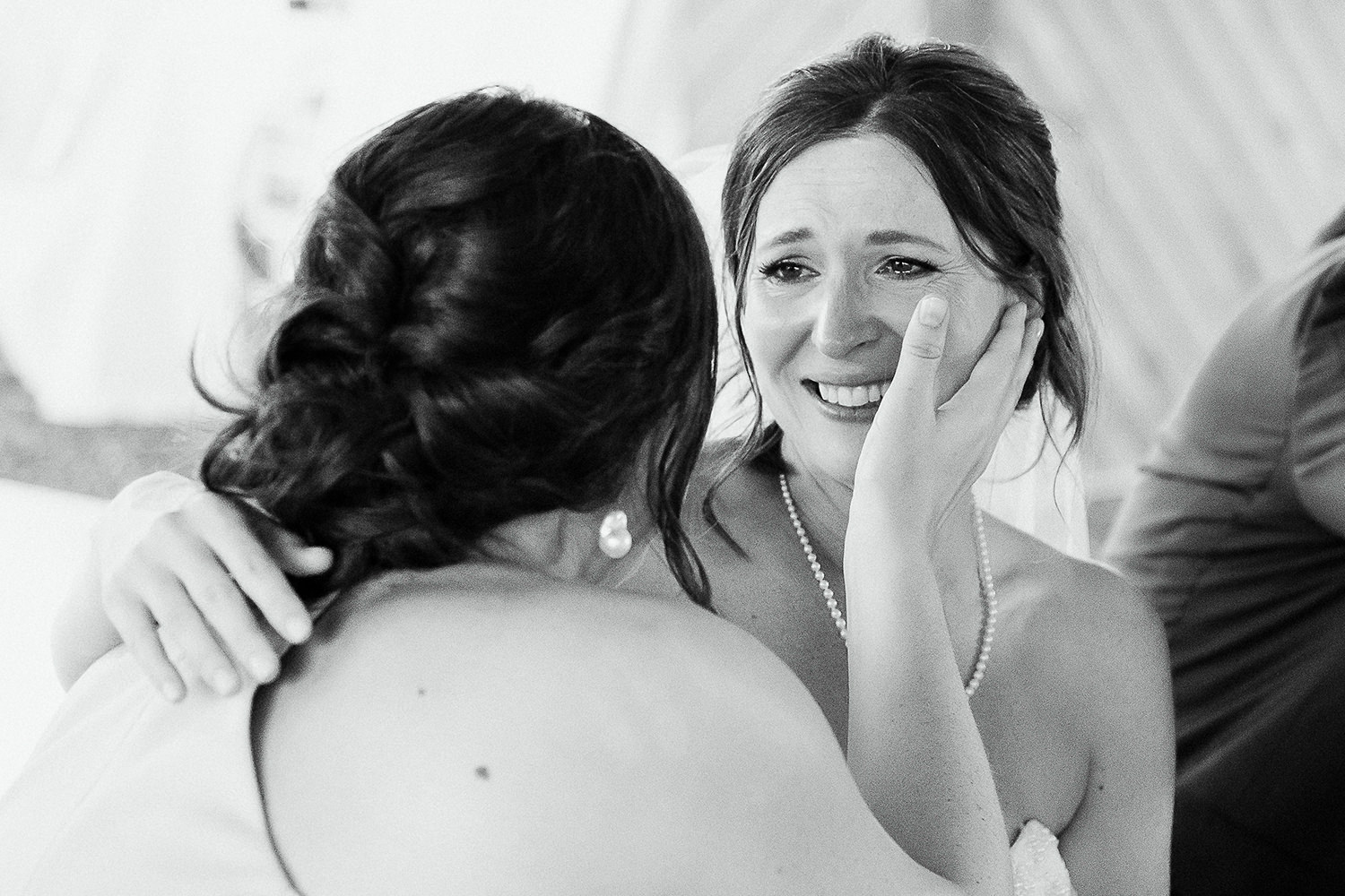 bride crying during wedding toast at Sweet Pea's Farm wedding in Bar Harbor Maine