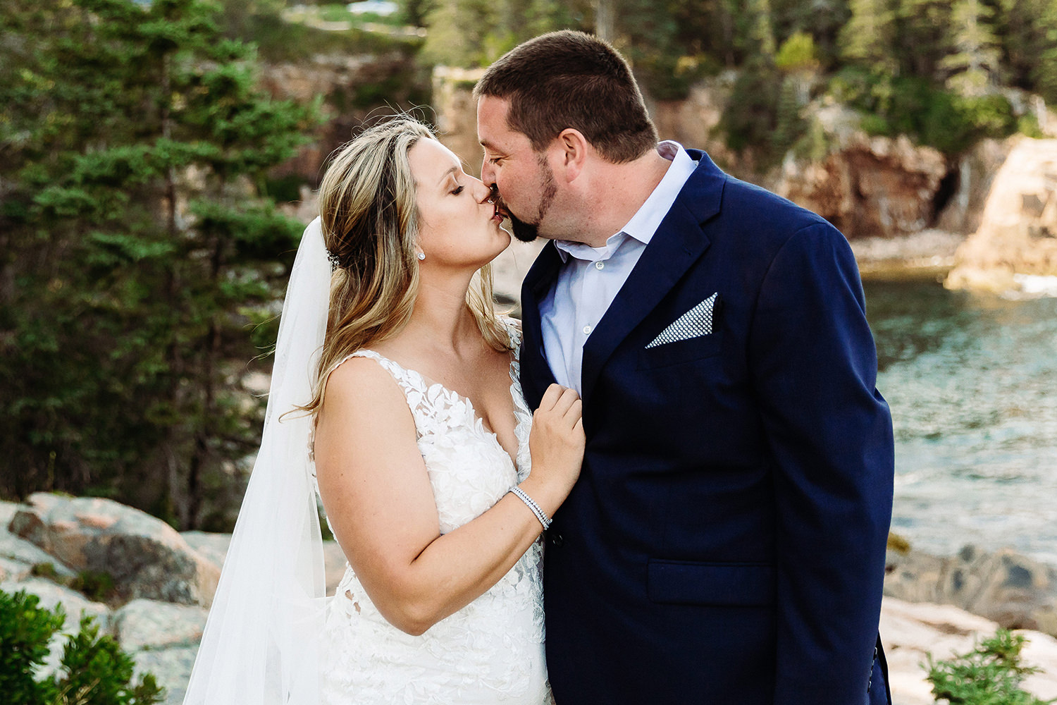first kiss at cliffside Acadia elopement
