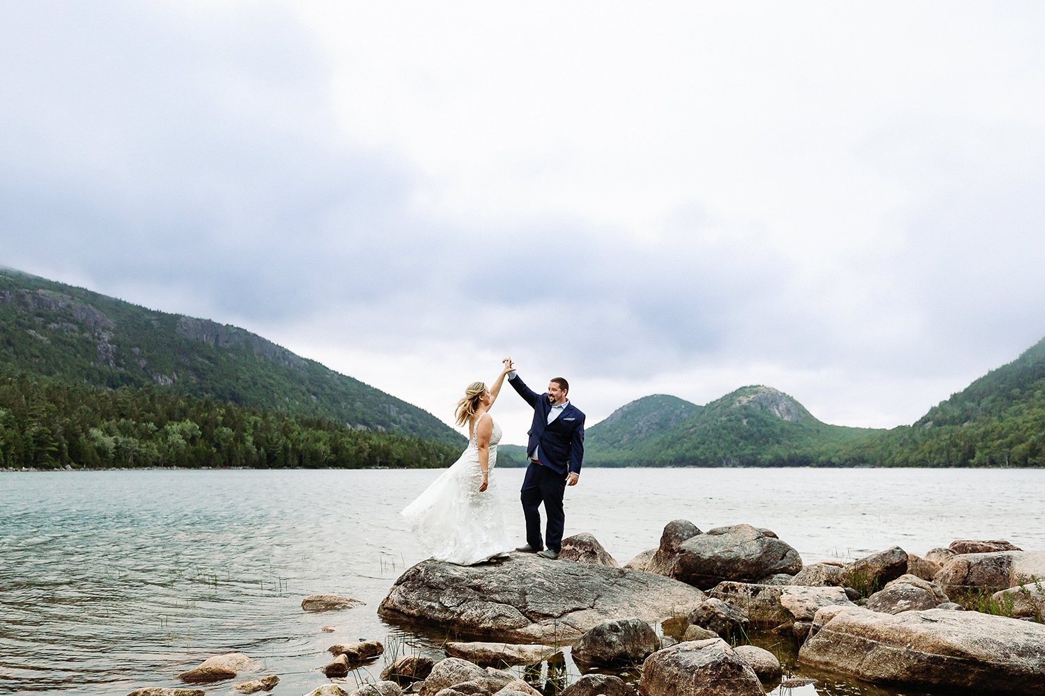 couple dancing at Jordan Pond during cliffside Acadia elopement