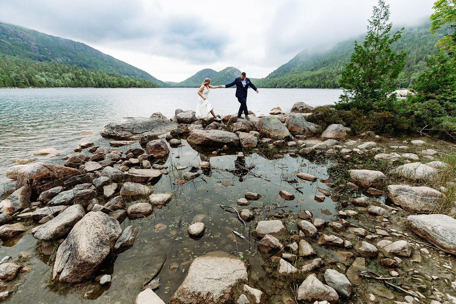 couple at Jordan Pond during cliffside Acadia elopement