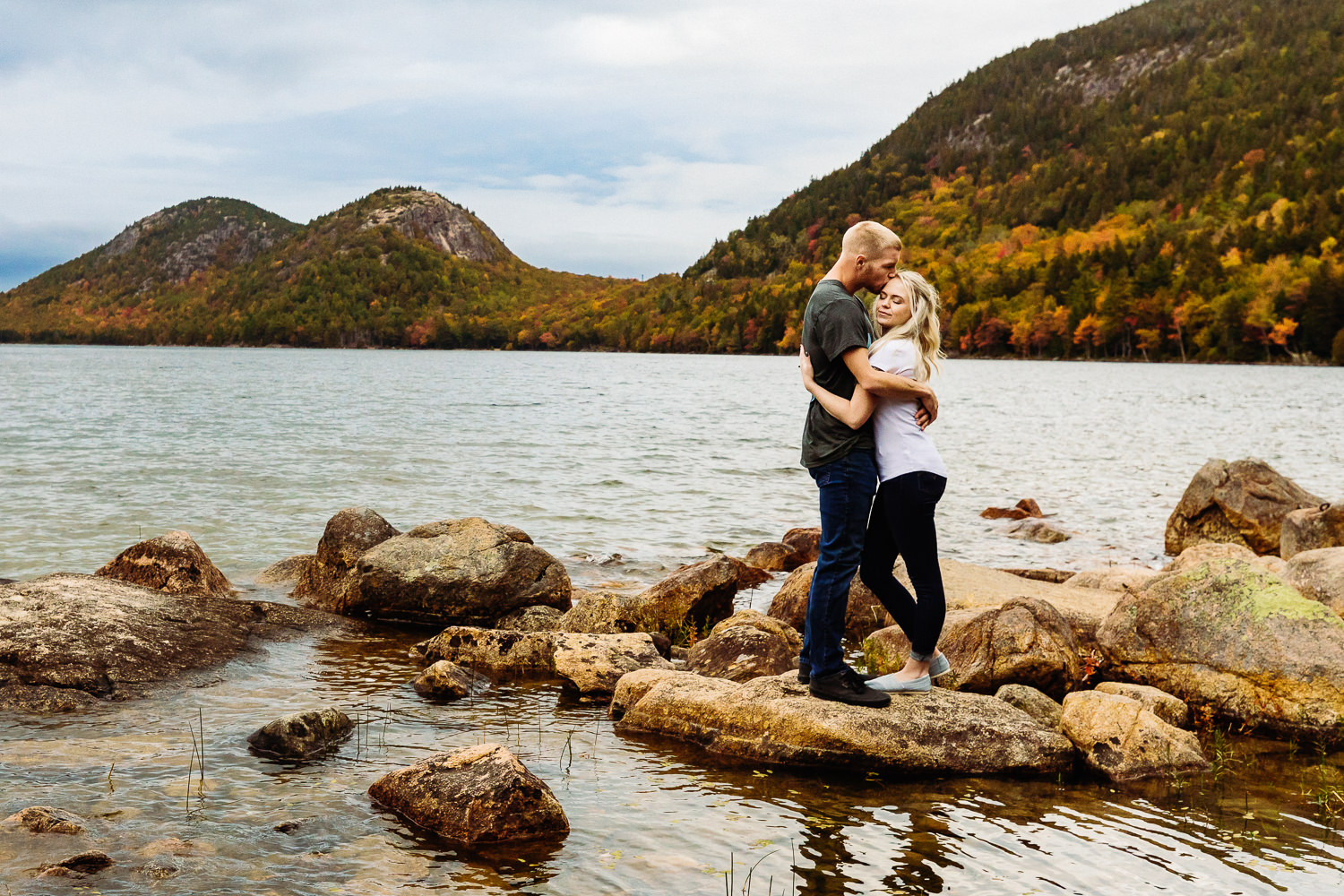 wedding portrait at Jordan Pond during fall elopement in Acadia National Park