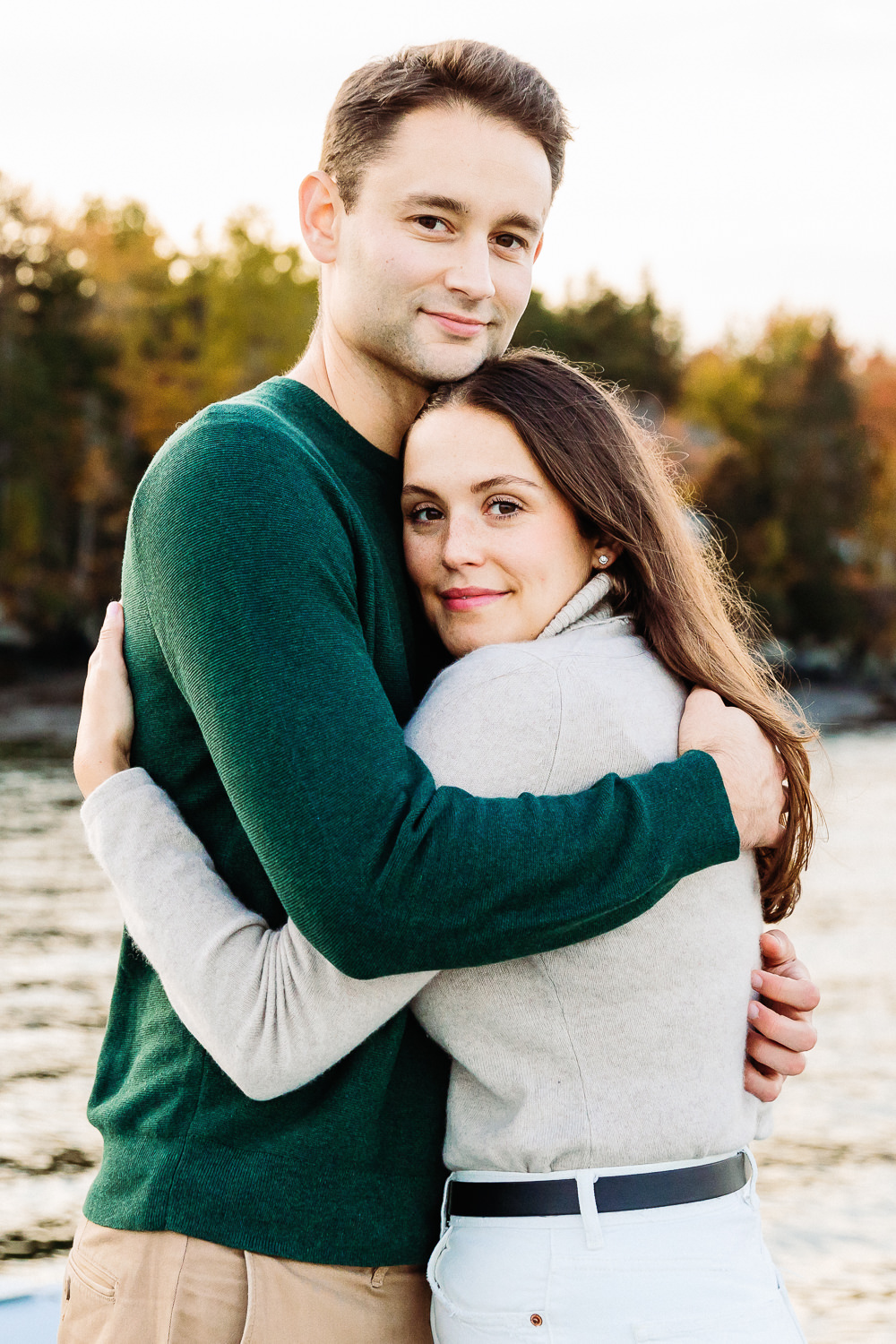 couple hugging during Hancock Point Maine engagement photos