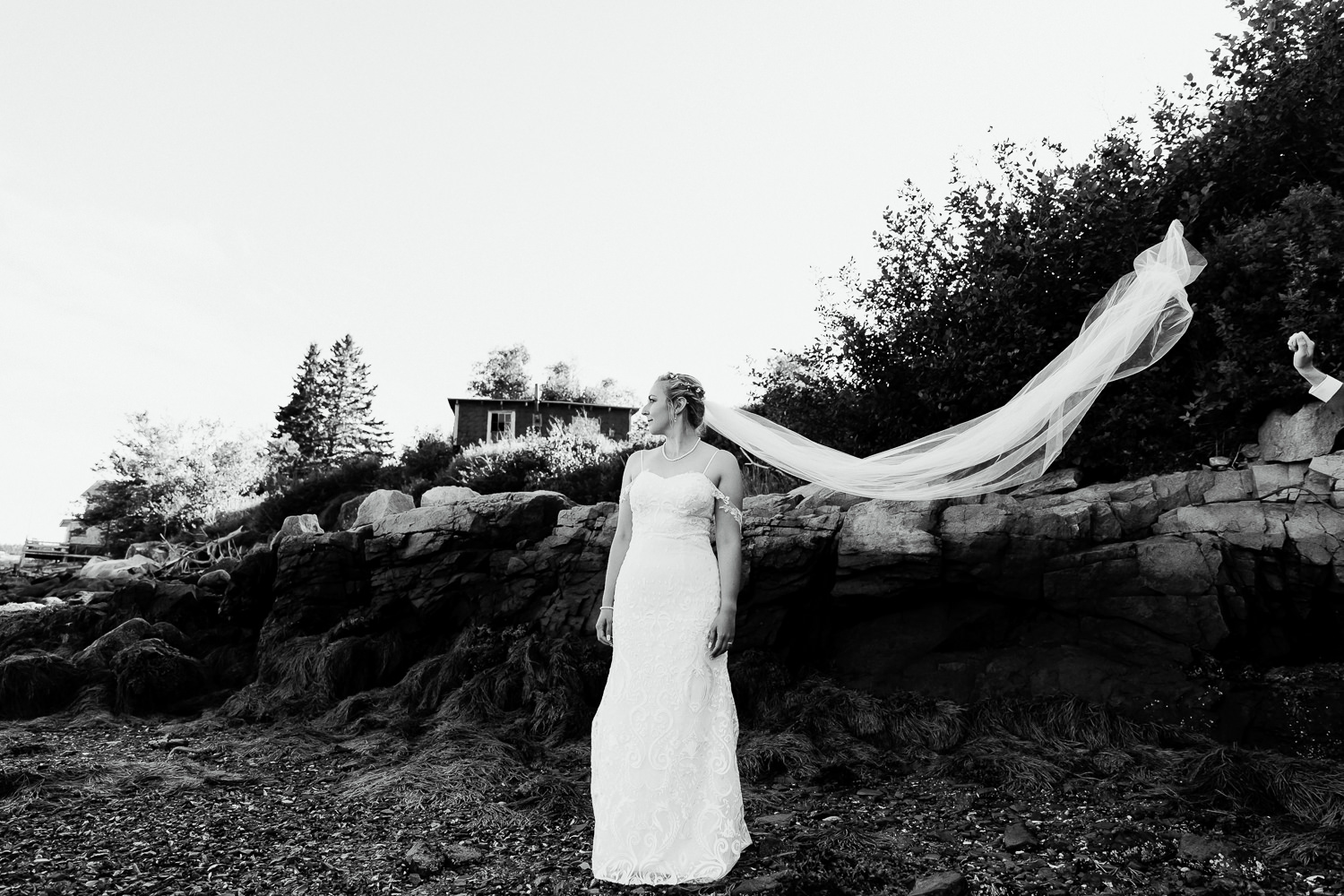 portrait on rocky beach during Swan's Island Maine wedding
