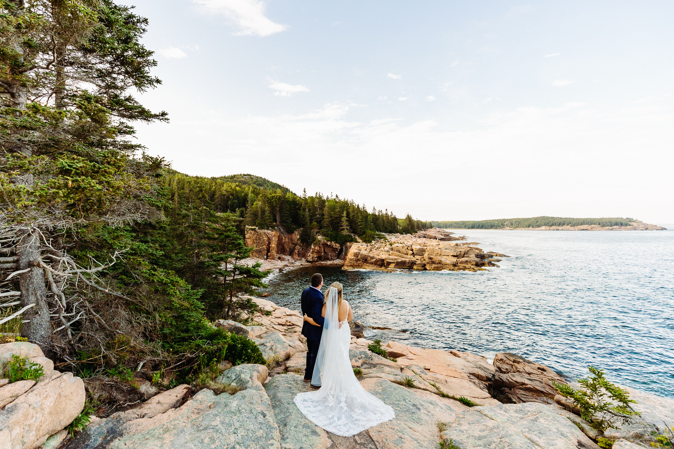 bride and groom looking at the ocean in Acadia National Park