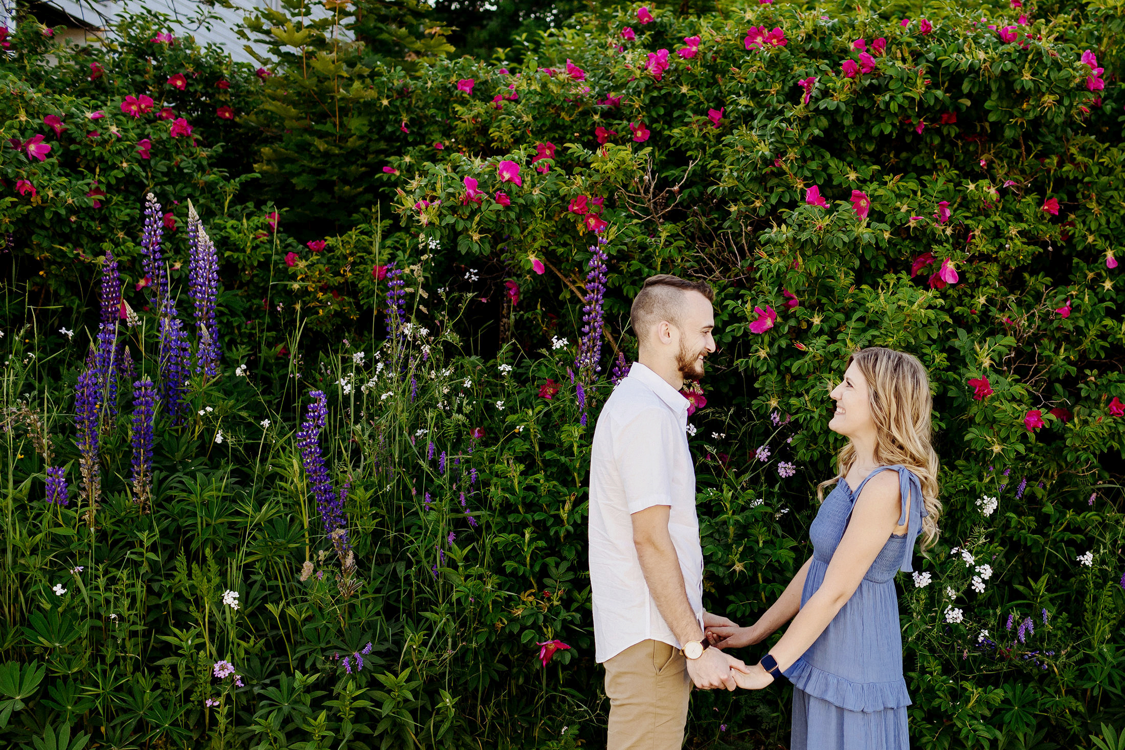 couple in front of flowers during Stonington Maine engagement photos