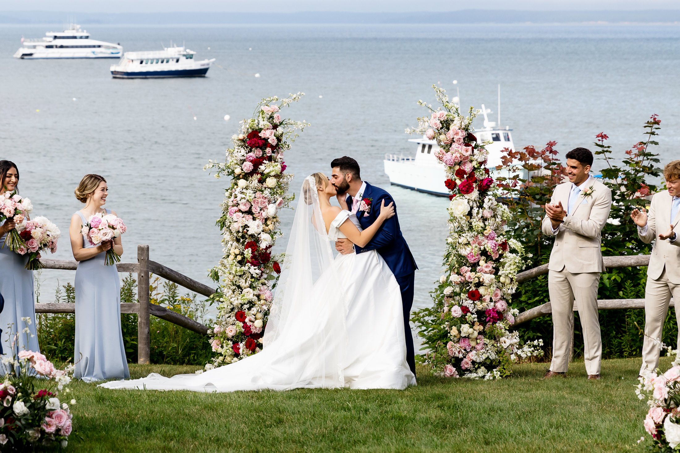 first kiss at Atlantic Oceanside Bar Harbor wedding
