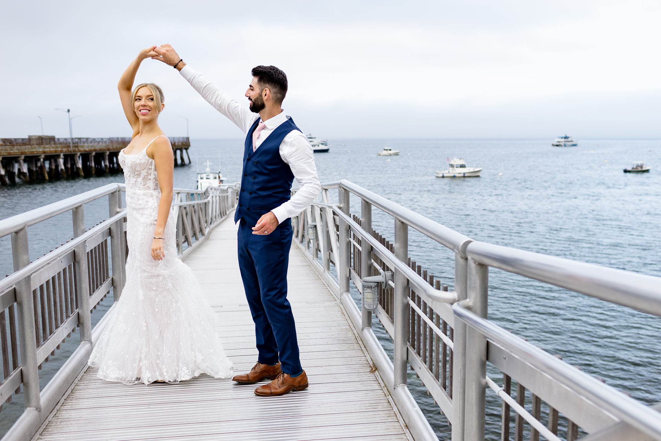 bride and groom on dock at Atlantic Oceanside Bar Harbor wedding