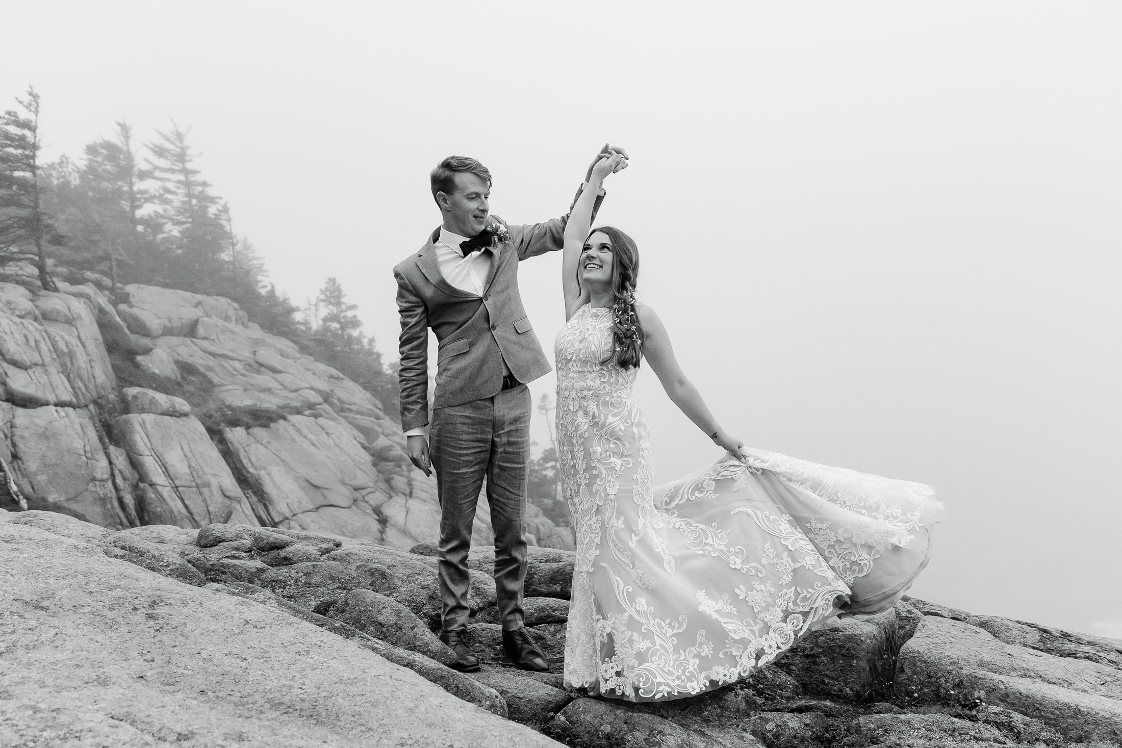 wedding portrait in Acadia National Park after Under Canvas Acadia wedding in Surry Maine