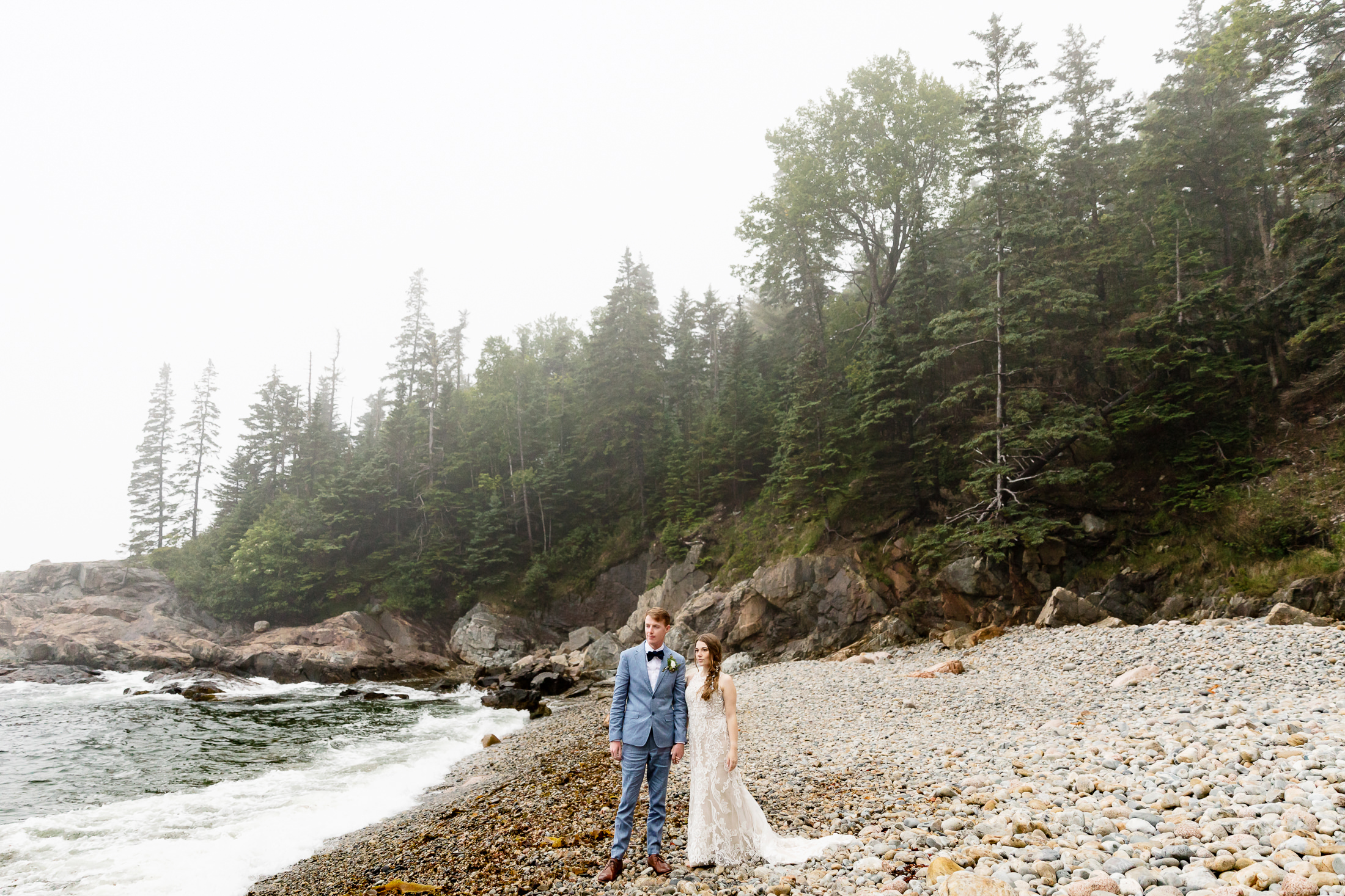 Newlyweds on Sand Beach in Acadia National Park