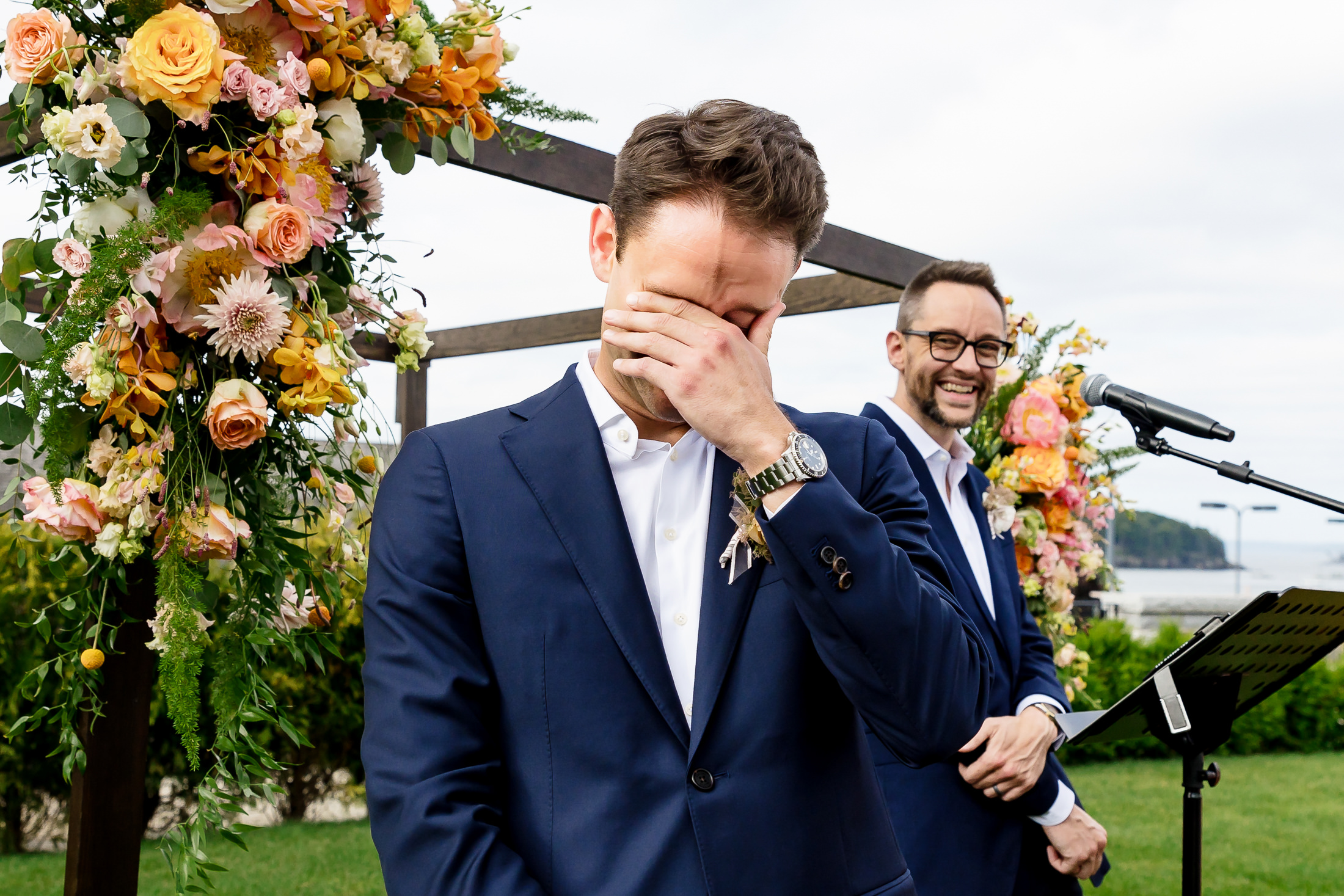 groom crying at tented Bar Harbor wedding at Bar Harbor Club