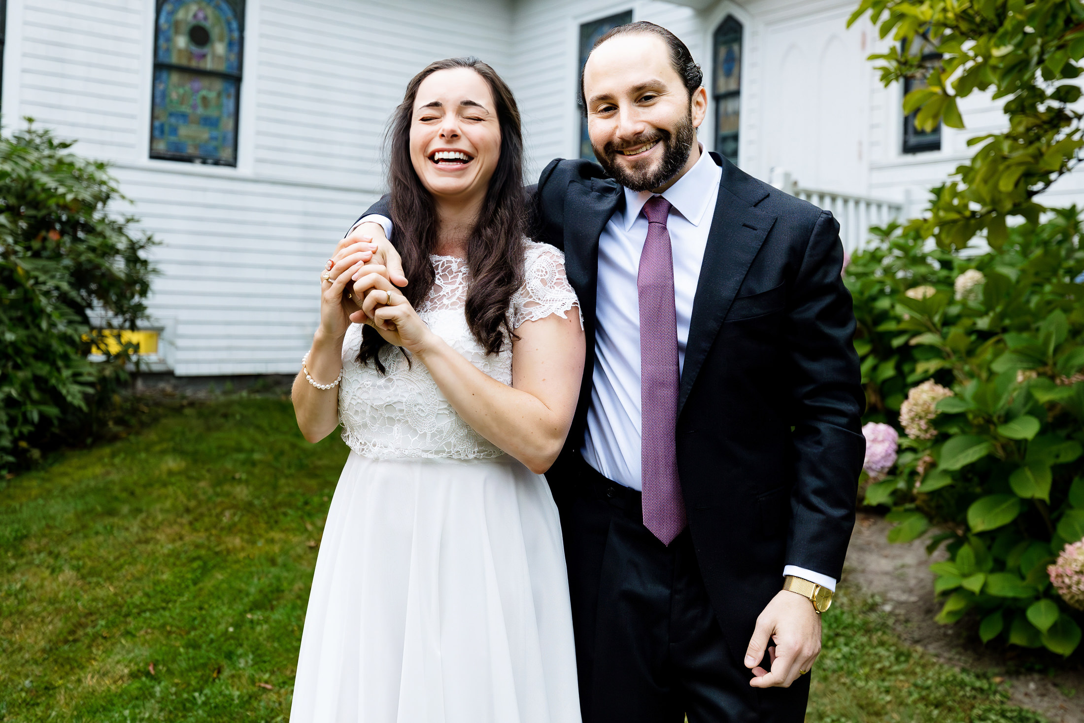 couple laughing after Camden Maine wedding ceremony