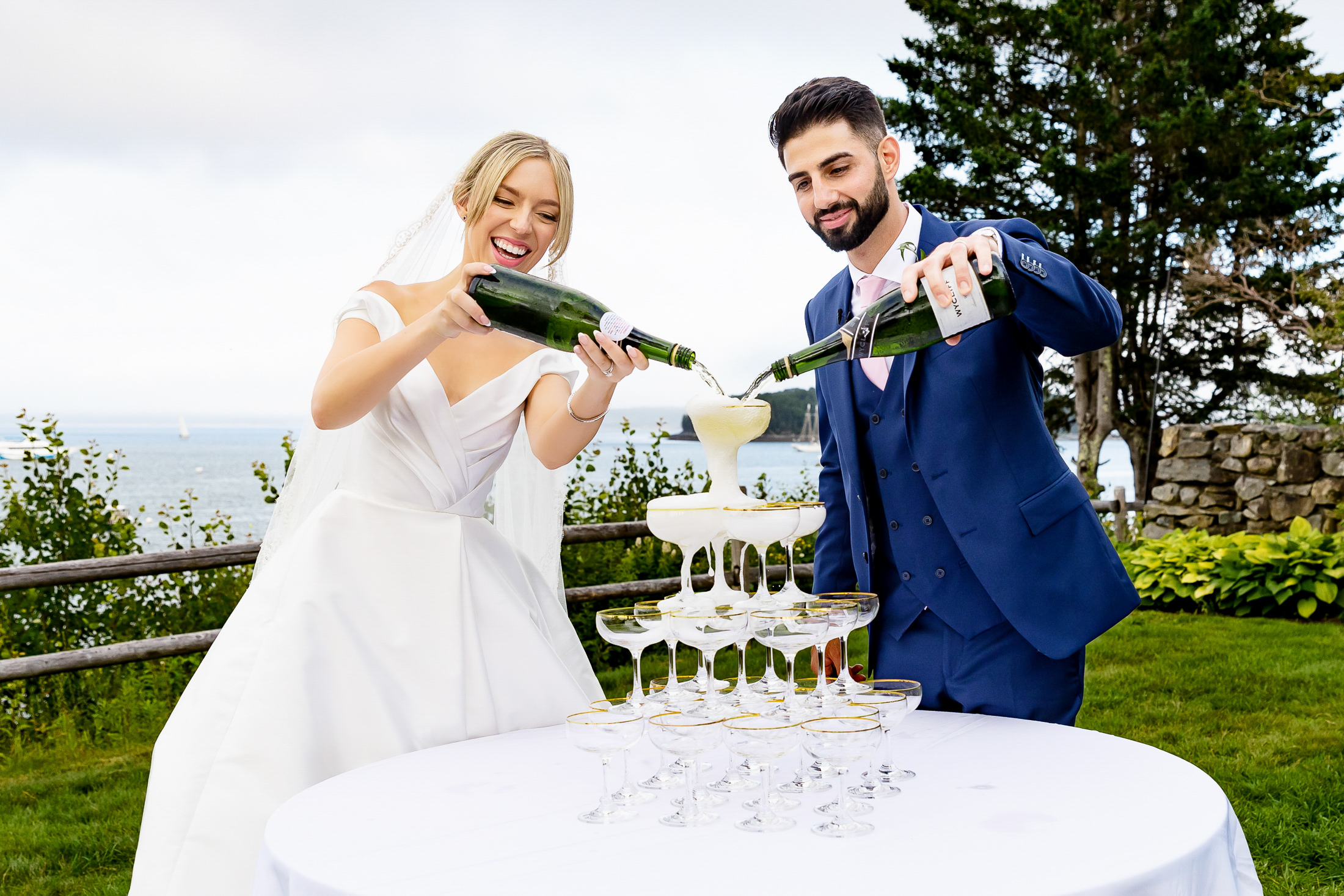 champagne tower at Bar Harbor wedding