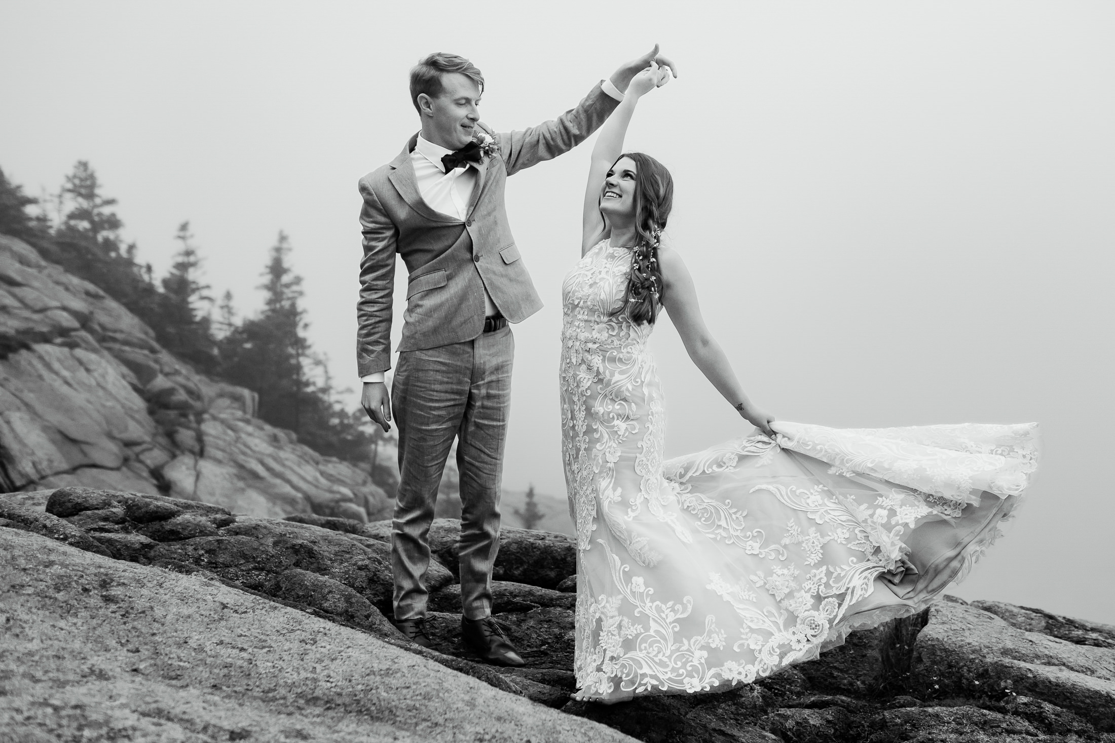 Newlyweds dancing in Acadia National Park