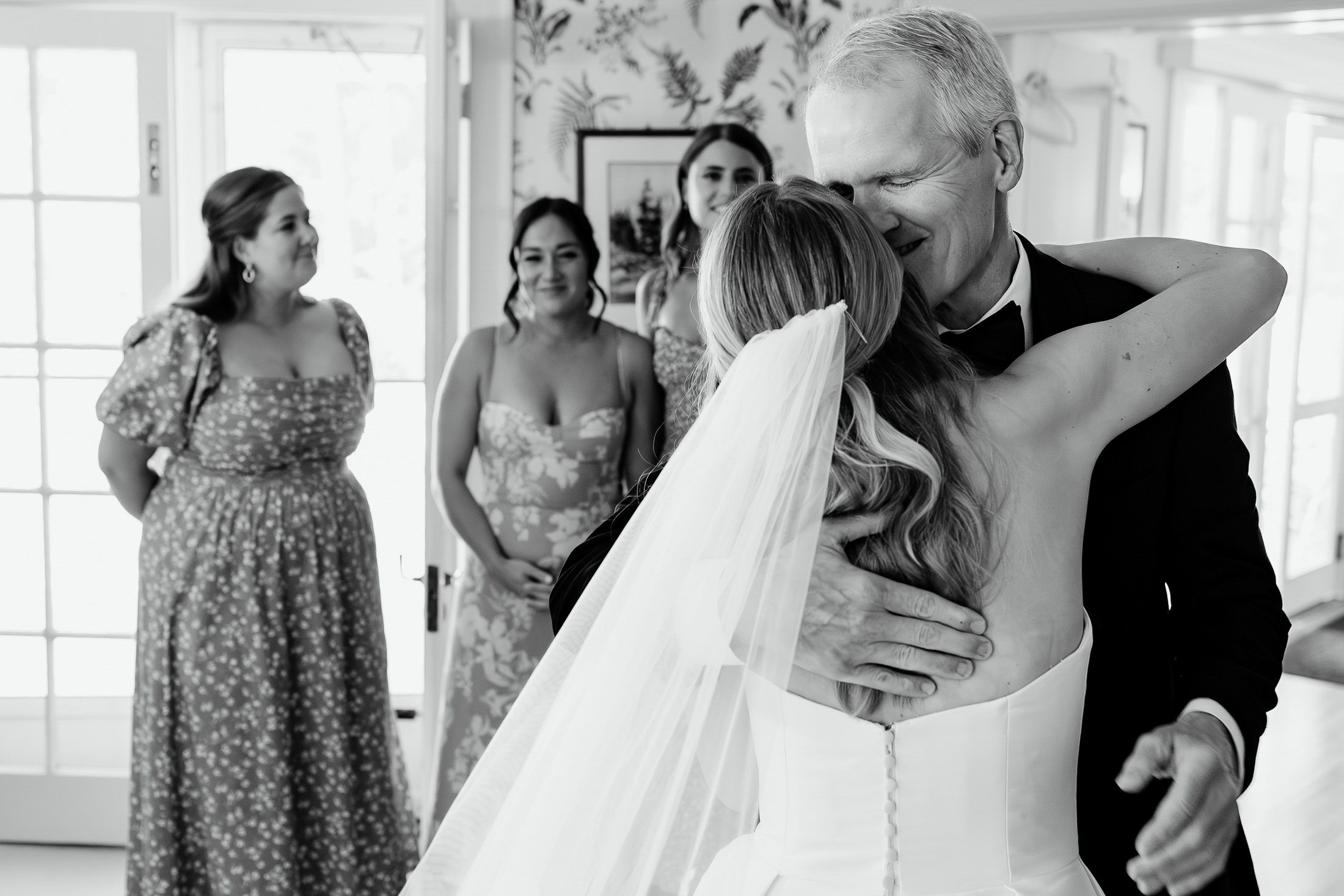 bride shares a first look with her father at Northeast Harbor Maine wedding