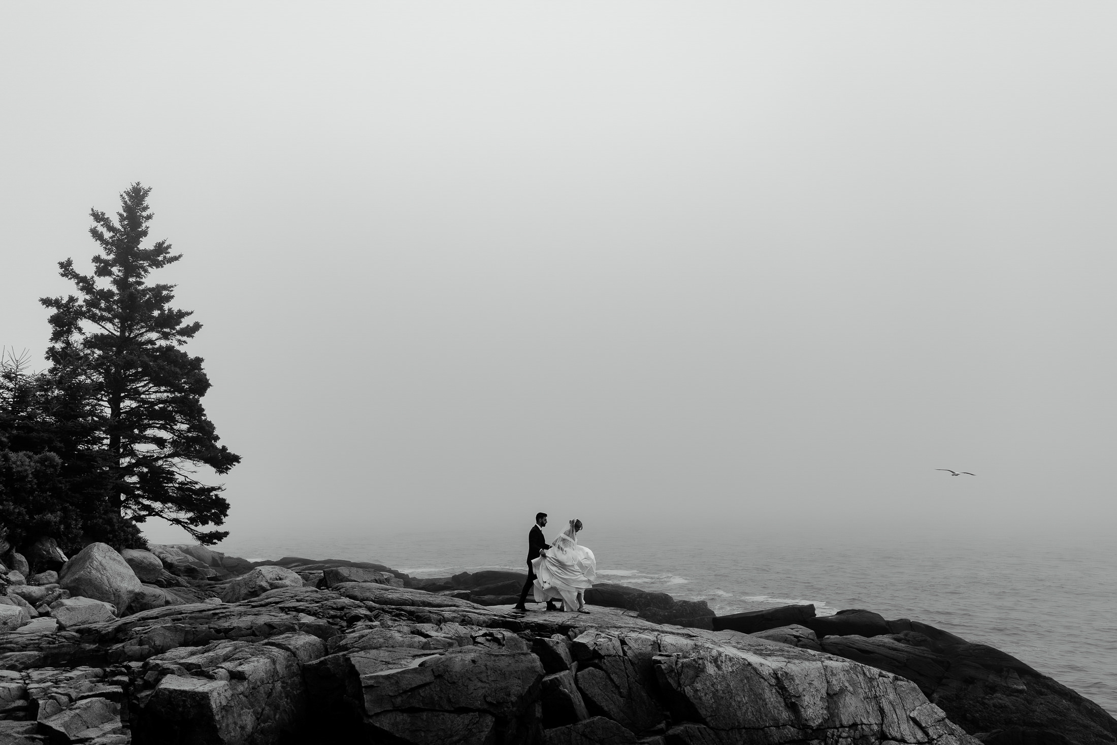couple walking on cliffs during Acadia National Park elopement