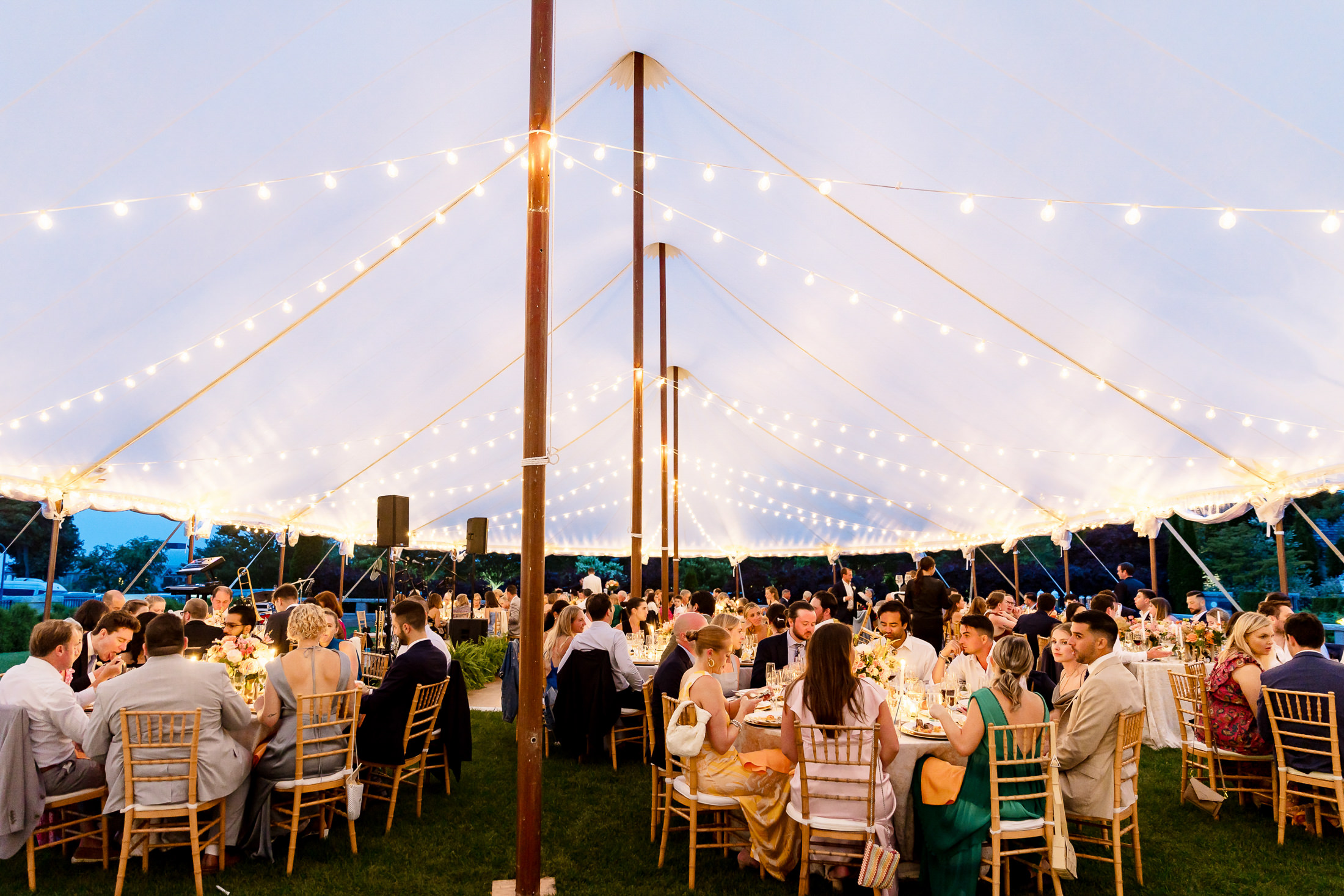 Glowing reception tent during Bar Harbor wedding